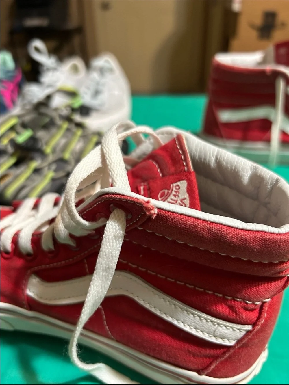 Vans Kids Red and White High Top Skate Sneakers